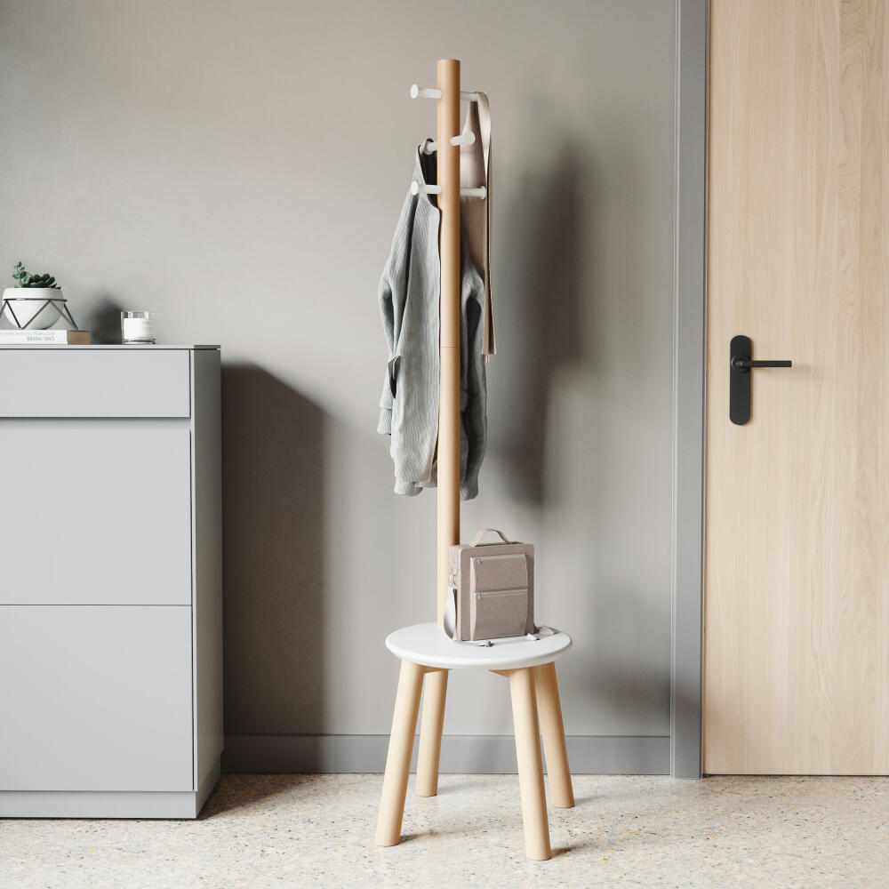 Umbra Pillar Coat Rack with Stool, Standing Coat Rack, Stool, Rubberwood, MDF, White, Natural, 50 x 167 cm, 1014257-668