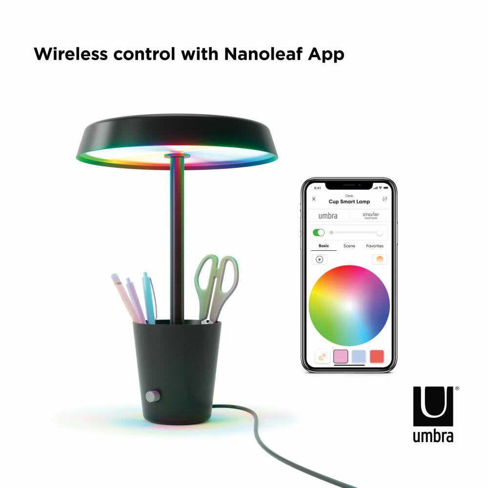 Umbra Table Lamp Cup, Smart Desk Lamp with Organizer, Steel, Black, 1018258-040