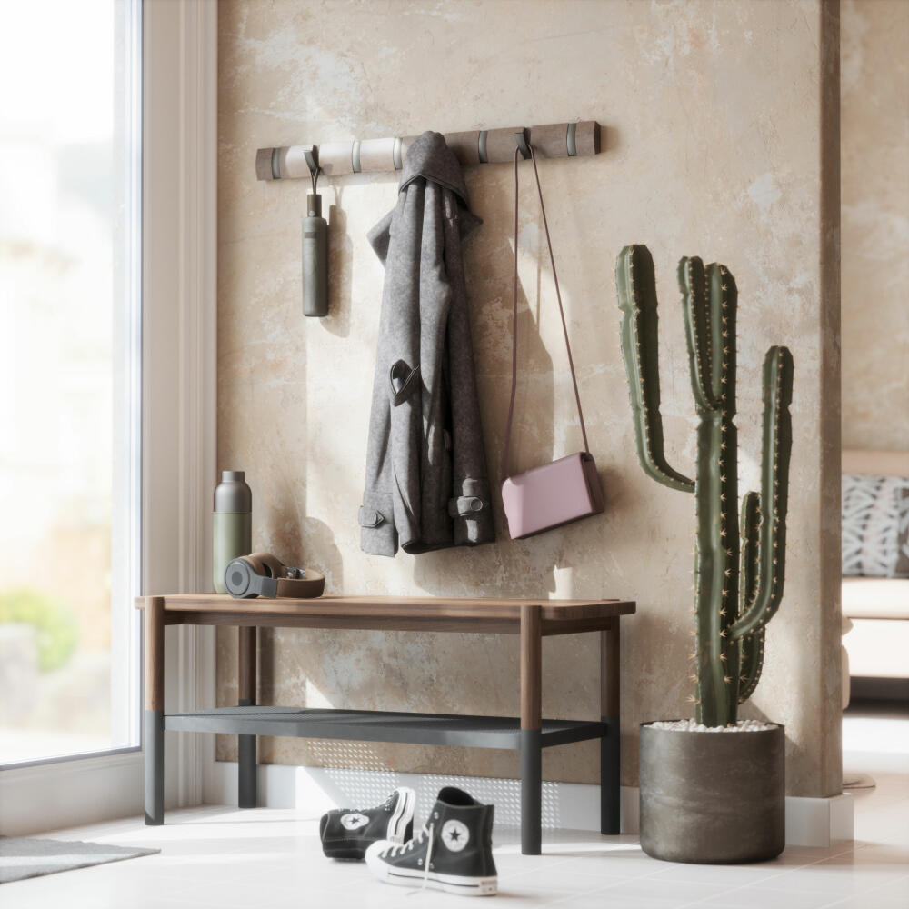 Umbra Flip Wall Coat Rack with 8 Hooks, Coat Rack, Poplar Wood, Plastic, Gray, Pewter, 81 cm, 318858-1045