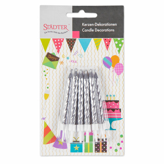 Städter Candles Birthday, 10 pieces, with holder, birthday candles, cake candles, cake, candle, silver, 7.5 cm, 910188