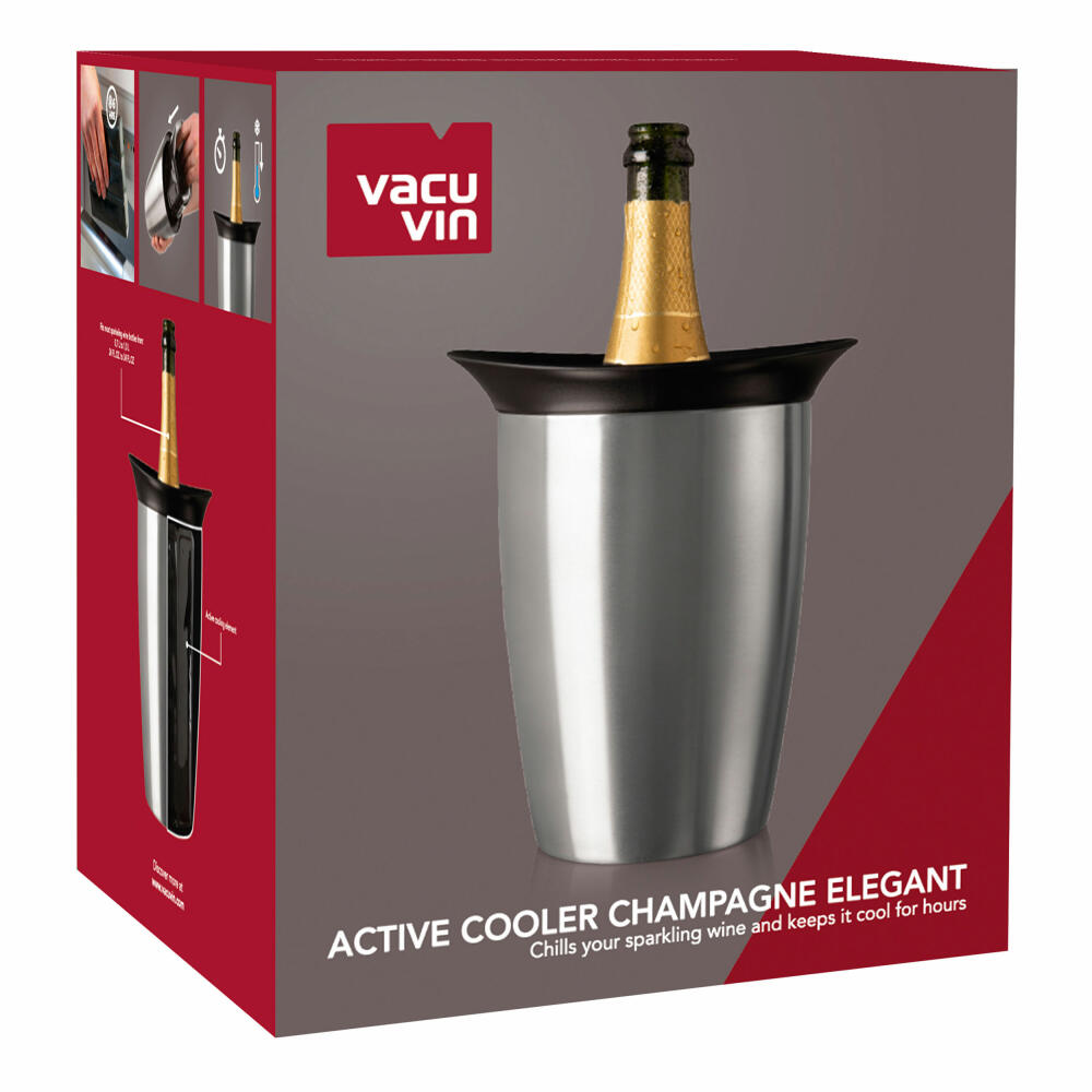 Vacu Vin Aktiv Champagnerkühler Elegant Edelstahl, Flaschenkühler, Kühlmantel, Kühlständer, Kunststoff, Kühlgel, Edelstahl, Silbern, Schwarz, 3647360
