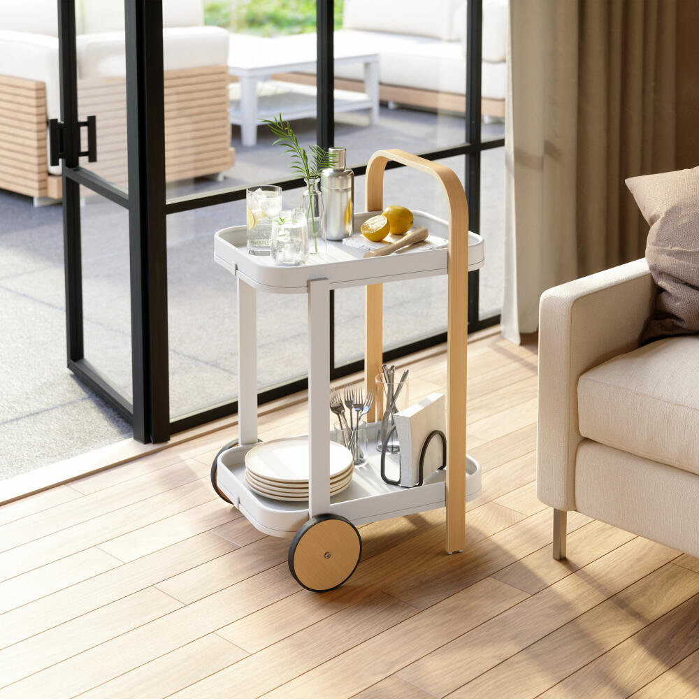 Umbra serving trolley Bellwood, kitchen trolley, rolling shelf, steel, wood, white, natural, 53 x 43 x 79 cm, 1015392-668