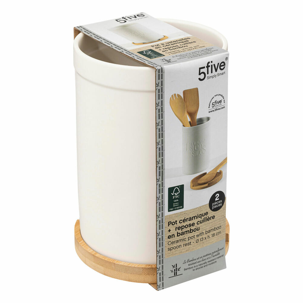 5five Simply Smart Utensilienhalter Natureo mit Löffelablage, Keramik, Bambus, Weiß, 18 cm, 194232A