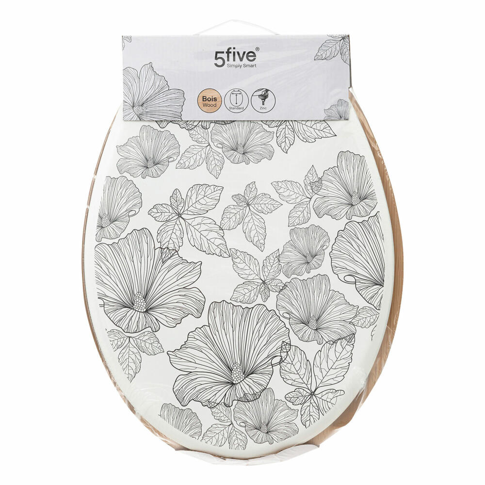 5five Simply Smart WC-Sitz Black Flora, Toilettensitz, HDF, Zink, Kunststoff, Schwarz, Weiß, 174693A