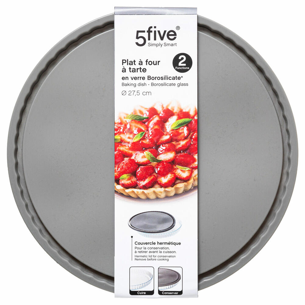 5five Simply Smart KeepEat tart pan with lid, cake pan, borosilicate glass, PP plastic, transparent, grey, 27.5 cm, 151119