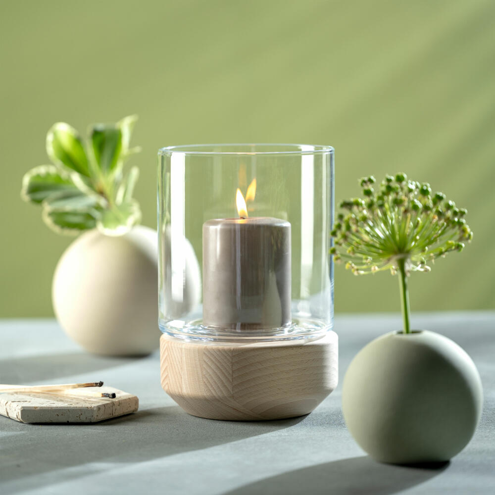 Leonardo Windlicht Legno, auf Holzsockel, Kerzenständer, Kerzenhalter, Glas / Holz, H 21 cm, 084750