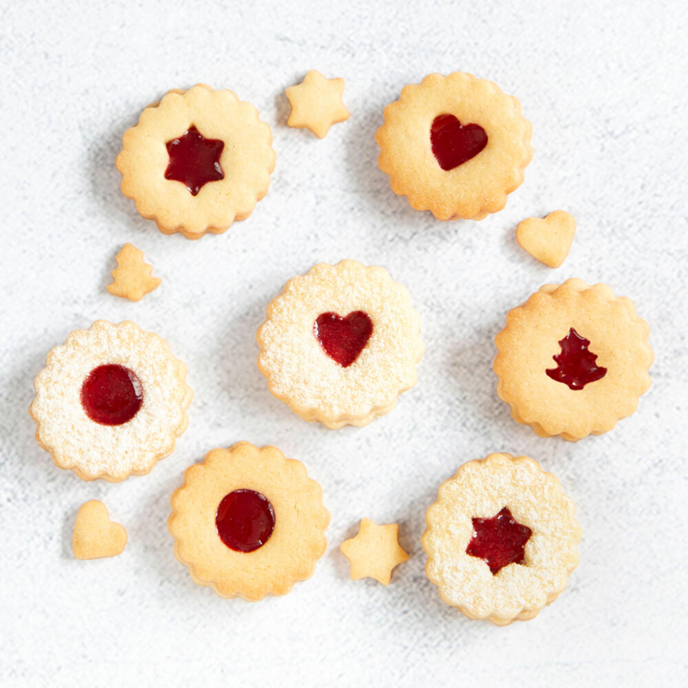 Städter Linzer-Ausstecher Spitzbub Set, 5-tlg., Außenring, Herz, Stern, Tanne, Ausstechform, Plätzchenform, Keks, Plätzchen, Edelstahl, 954090