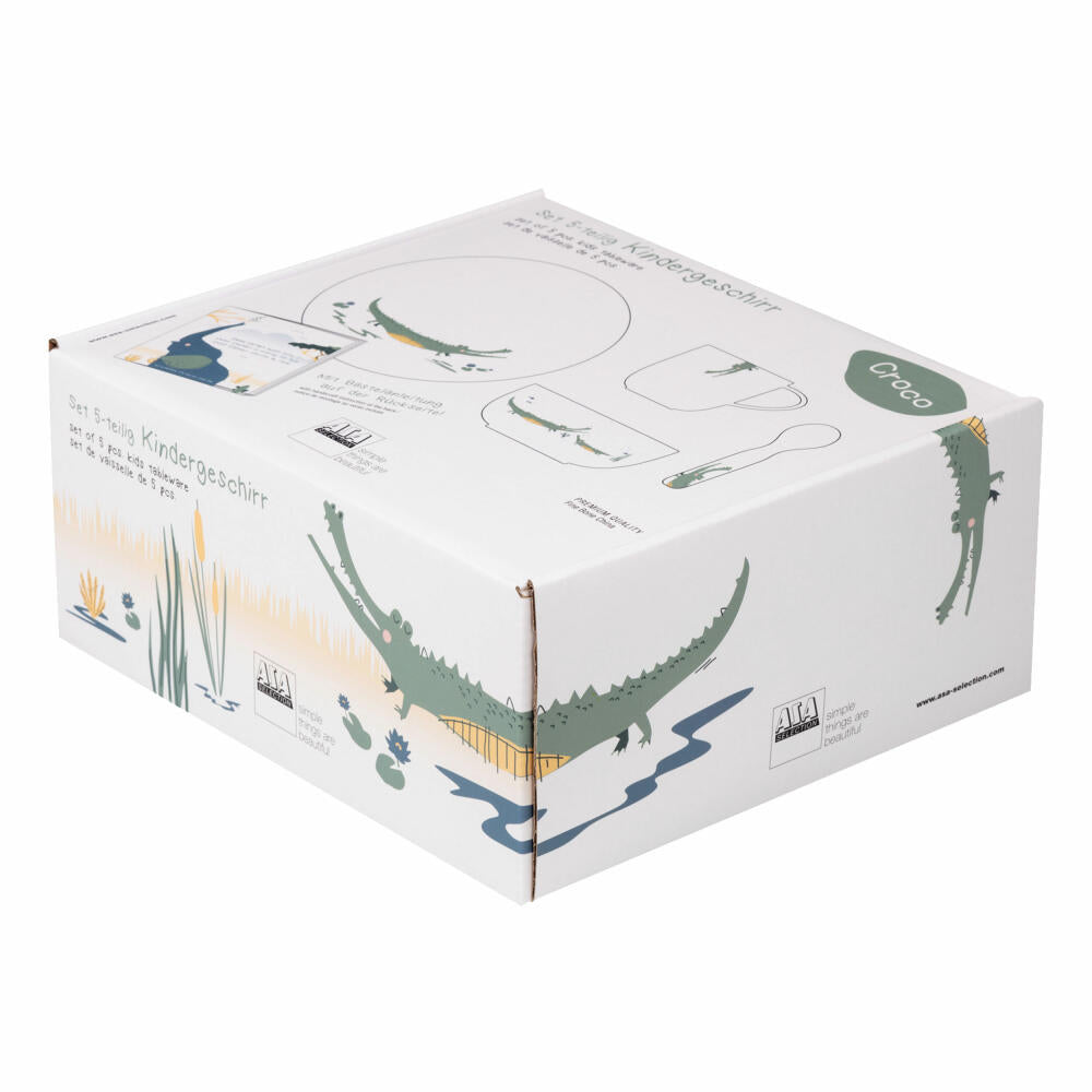 ASA Selection kids 5-piece children's tableware set, Croco crocodile, children's place setting with book, Fine Bone China, colorful, in gift box, 38951314