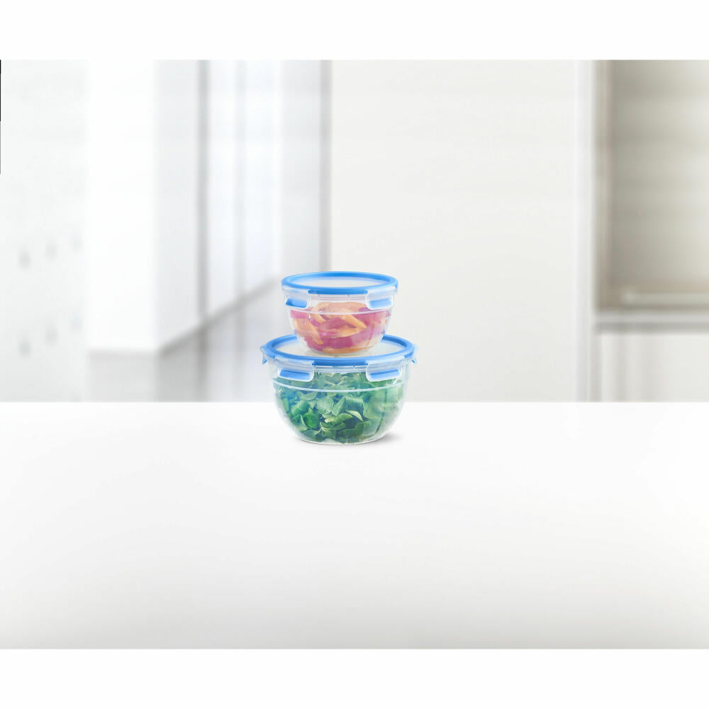 Emsa CLIP & CLOSE Frischhaltedosen Set, 2-tlg., Frischhaltedose, Dose, Rund, Kunststoff, Transparent/Blau, 1.1 L / 2.6 L, N1011600