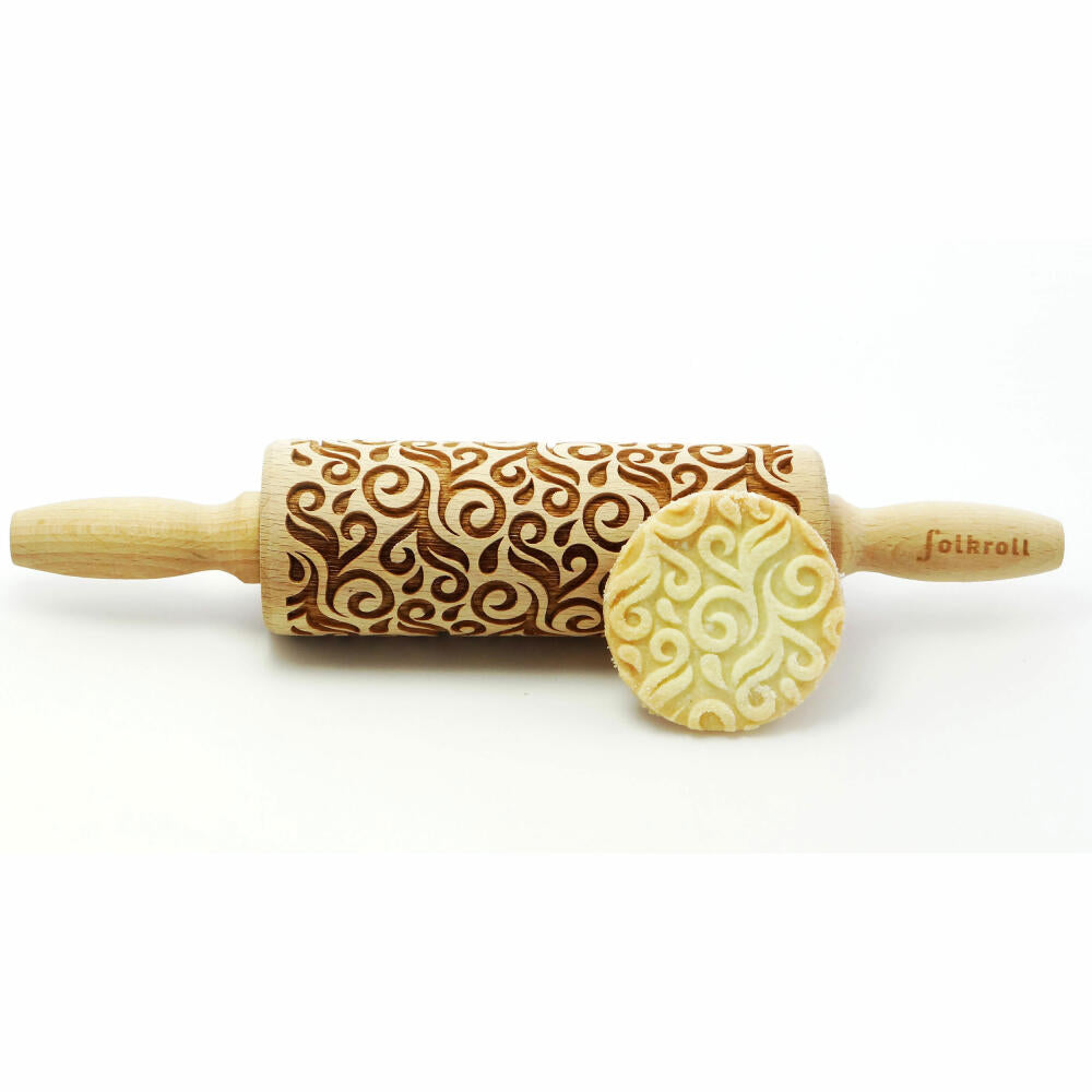 Folkroll rolling pin floral decoration, junior, 23 cm, rolling pin, embossing roll, pattern, motif, roll, beech wood, 330425