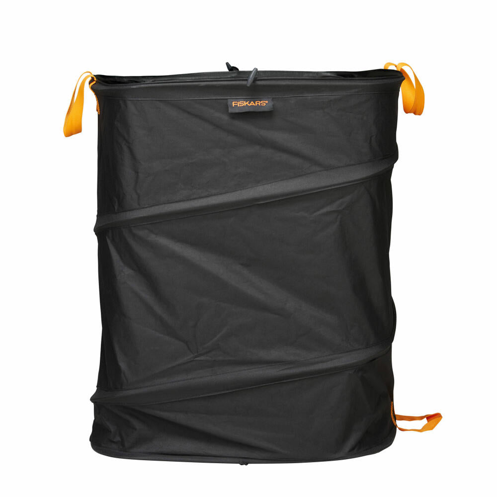 Fiskars Ergo Pop-Up Gartensack, 219 L, Gartenabfallbehälter, Laubsack, Gartenbehälter, Kunststoff, Schwarz, Orange, 1028373