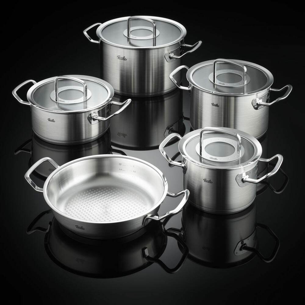 Fissler Topf-Set Original-Profi Collection 5-tlg. mit Glasdeckeln, 3 Kochtöpfe + Bratentopf + Servierpfanne, Edelstahl 18/10, Silbern, 084-389-05-000