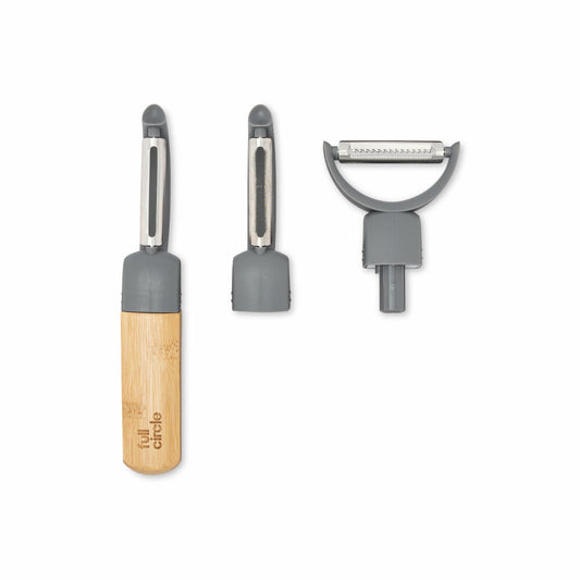 Full Circle Home 3-in-1 Schäler Peel Good, Küchenschäler mit 3 Aufsätzen, Bambus, Edelstahl, Recycling-Kunststoff, Grau, FC21703GY