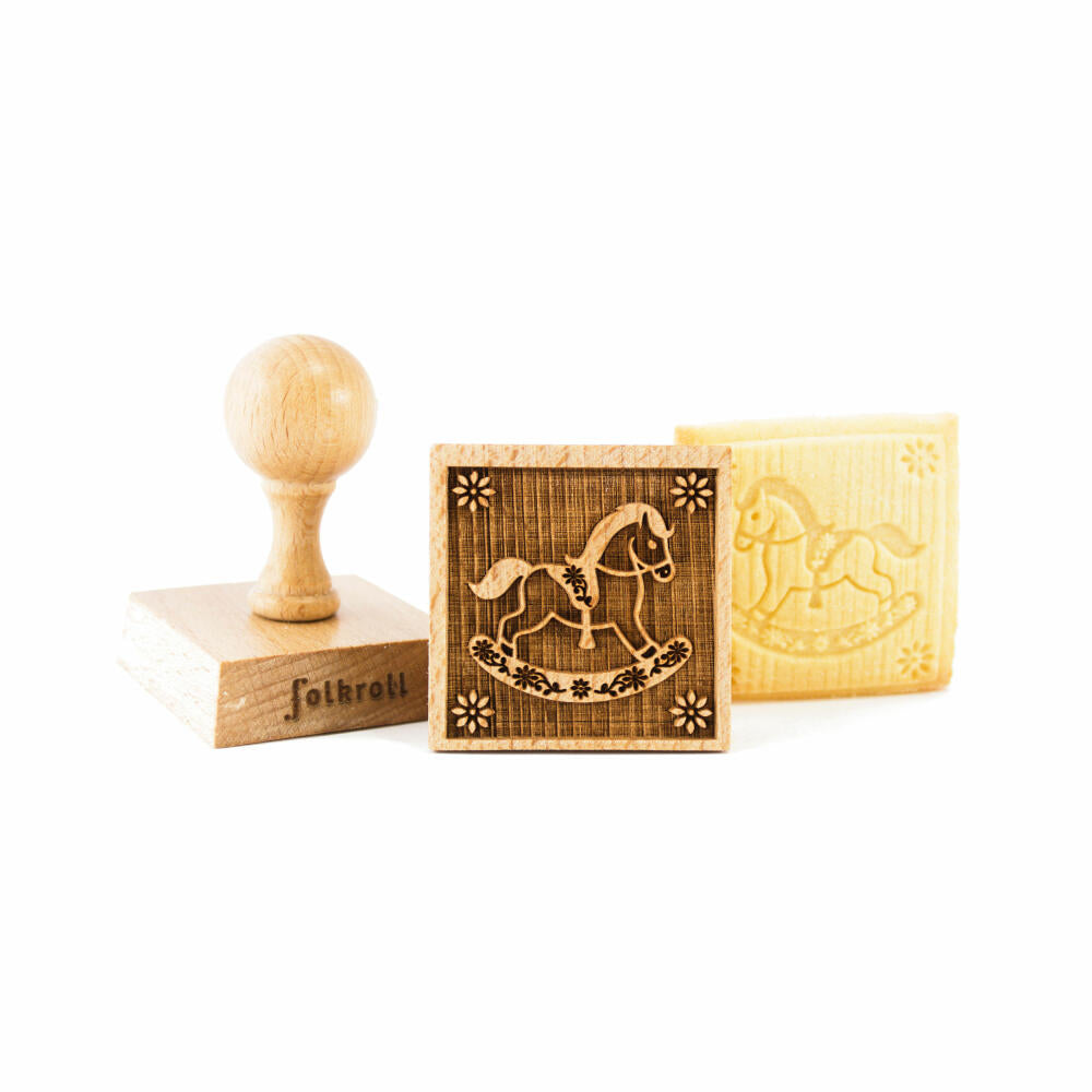 Folkroll cookie stamp rocking horse, 55x55 mm, cookie stamp, baking stamp, biscuit, stamp, motif, beech wood, 334812