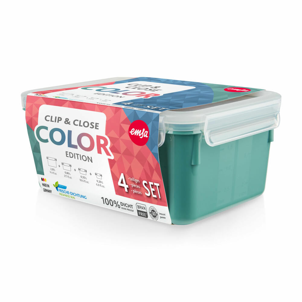 EMSA Clip & Close COLOR EDITION Frischhaltedosen, 4-tlg., Vorratsbehälter, Vorratsdose, Frischhaltedose, Kunststoff, Pudergrün, N10310