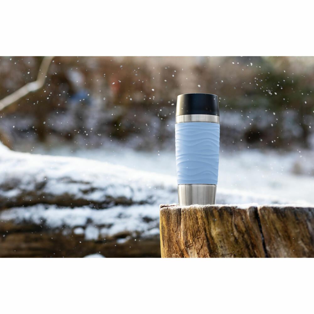 Emsa TRAVEL MUG Waves Isolierbecher Quick Press, Kaffeebecher, Mug, Coffee To Go Becher, Edelstahl/Silikon, Puder-Blau, 360 ml, N2010700