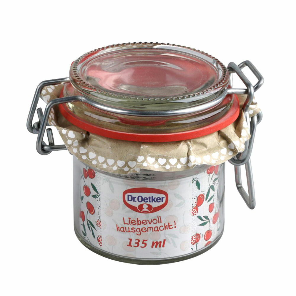 Dr. Oetker Swing Top Jar 135 ml, Lovingly Homemade, Preserving Jar, Glass, Transparent, Red, 1553