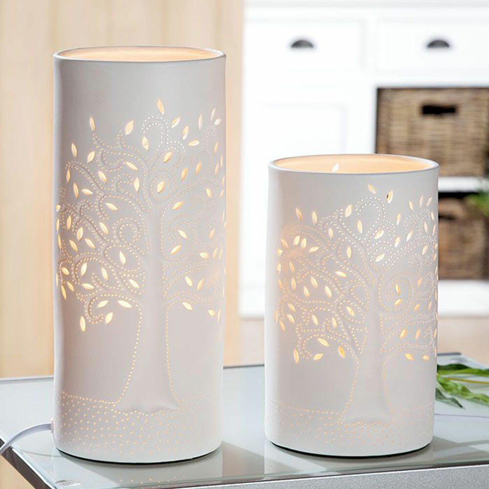 Gilde Lampe Zylinder Lebensbaum, Dekoleuchte, Tischleuchte, Tischlampe, Porzellan, Weiß, H 20 cm, 34919