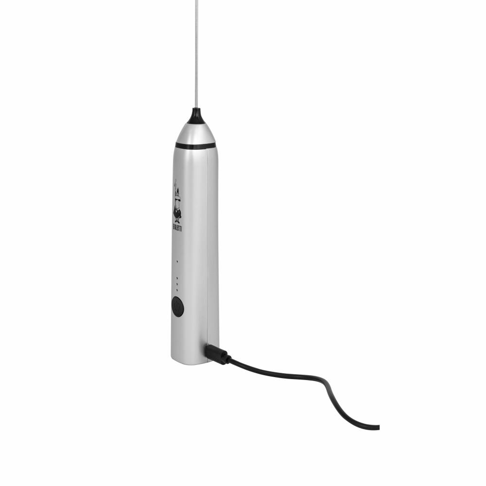 Bialetti Stab-Milchaufschäumer mit zwei Aufsätzen, USB-Aufladbar, Kunststoff, Metall, Silber, 23 cm, 6770