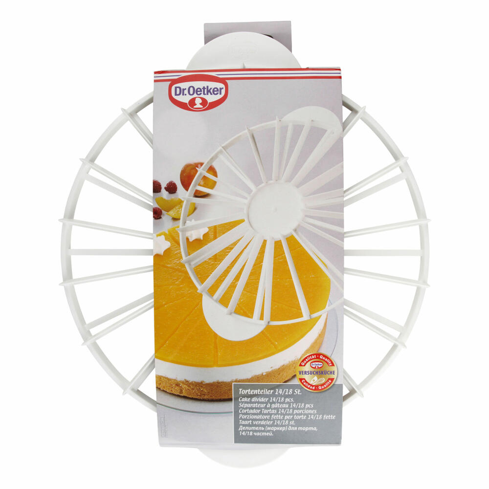 Dr. Oetker Classic Tortenteiler, Torteneinteiler, Küchenhelfer zum Schneiden, für 14 und 18 Tortenstücke, Backzubehör, Kunststoff, Weiß, 1622