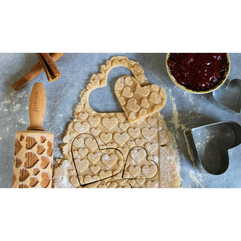 Folkroll Teigrolle Herzen, junior, 23 cm, Nudelholz, Prägerolle, Muster, Motiv, Rolle, Buchenholz, 331644