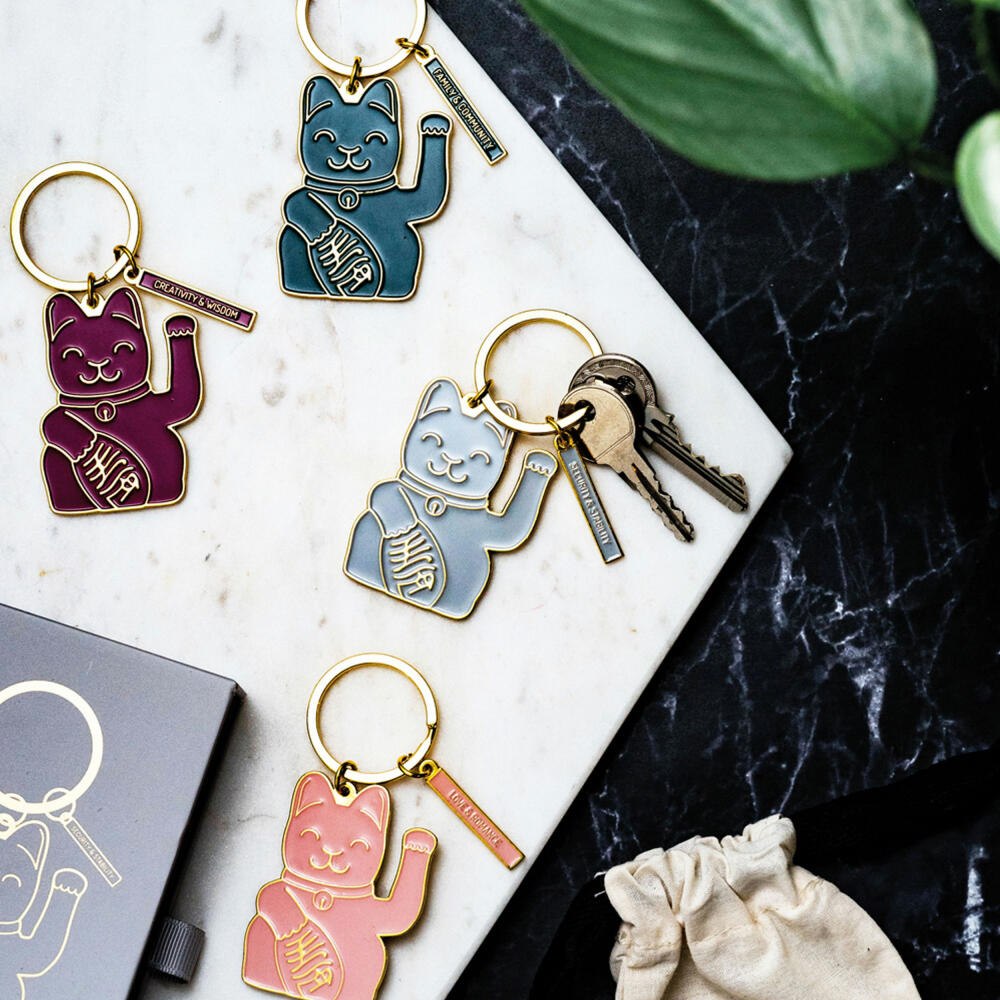 Donkey Products Lucky Cat Key Ring Grey, key chain, key ring, waving cat motif, talisman cat, Maneki Neko, love and romance, brass, grey / gold-coloured, approx. 12.5 cm, 400933