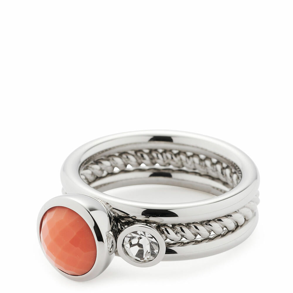 Leonardo Jewels Ring Set of 2 Size 17 Letizia, Finger Ring, Jewelry Ring, Jewelry, Stainless Steel, Glass, Crystal Stones, Mother of Pearl, Coral, 017917