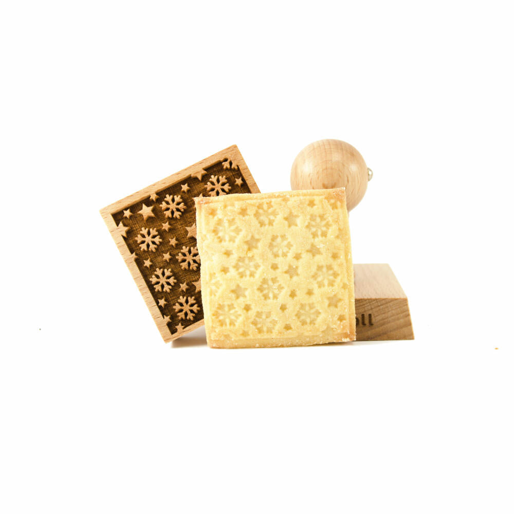 Folkroll cookie stamp snowflakes & stars, 55x55 mm, cookie stamp, baking stamp, biscuit, stamp, motif, beech wood, 334829