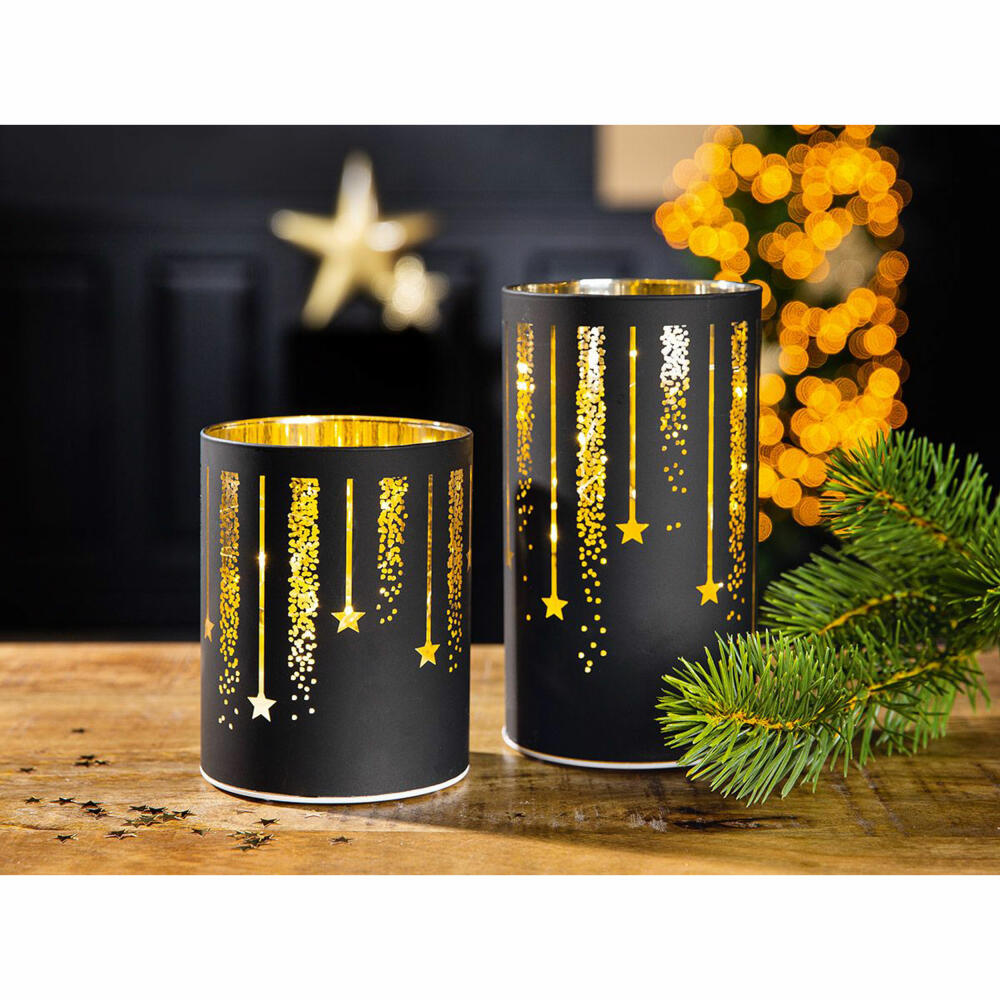 Gilde LED-Leuchter Sternenregen, Windlicht, Dekoration, mit Timer, Glas, Schwarz / Gold, H 13 cm, 50857