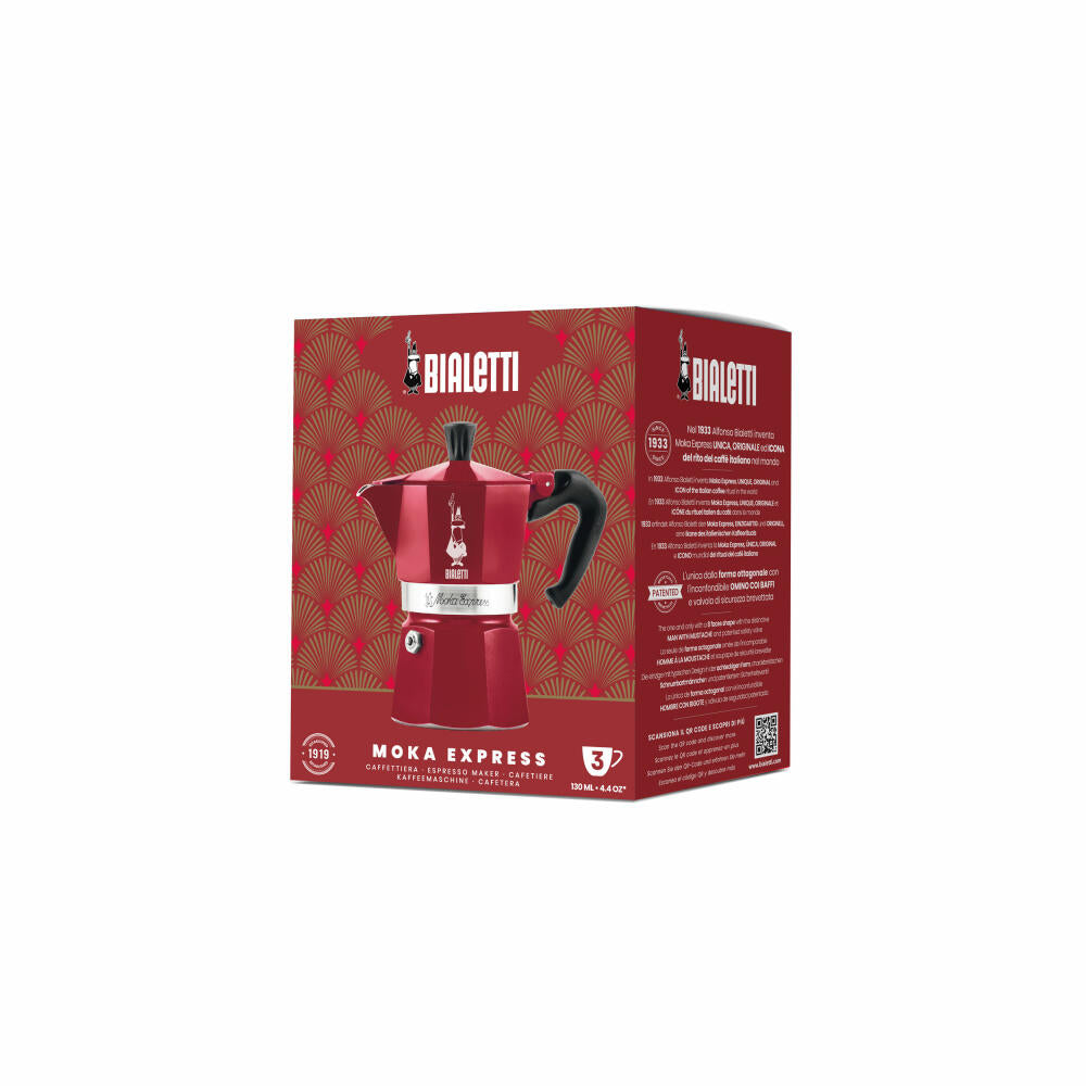 Bialetti Deco Glamour Espressokocher Moka Express, für 3 Tassen, Espresso Kocher, Rot, 9223