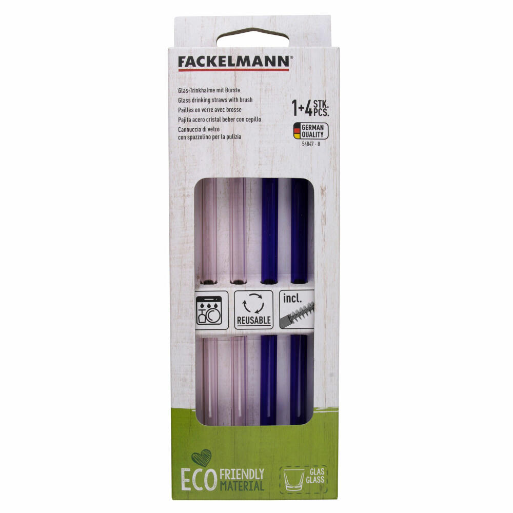 Fackelmann Trinkhalme 4er Set Rio Party, mit Bürste, Glas, bunt, 21 cm, 54847