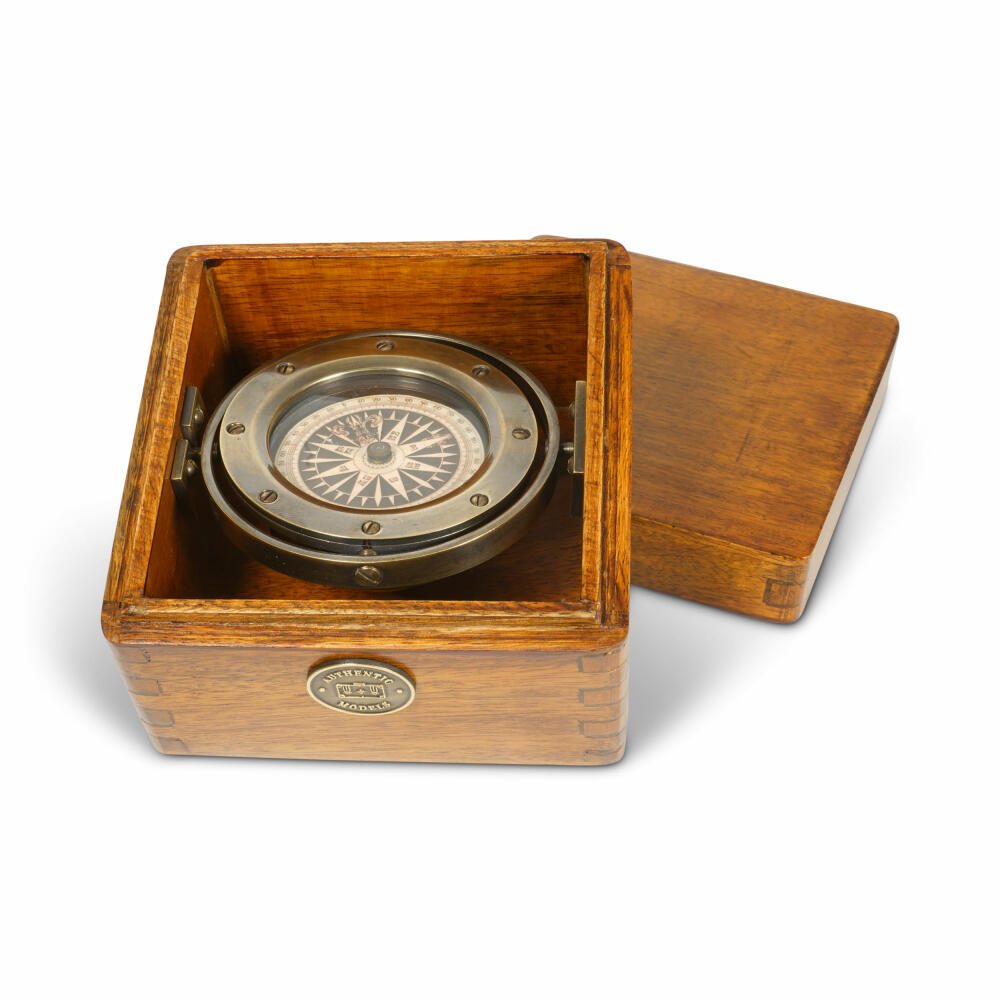 Authentic Models Compass Lifeboat, lifeboat compass in wooden box, wood, brass, glass, CO015