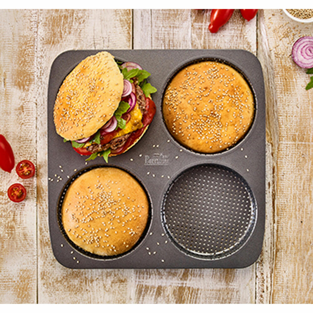 Birkmann Burgerbrötchenblech Laib und Seele, Brötchenblech, Burger Blech, für 4 Burger Ø 12 cm, Karbonstahl, Schwarz, 28x 28 cm, 210387