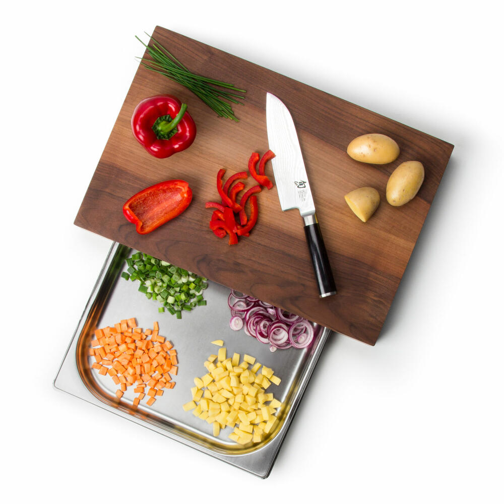 Continenta Schneidebrett mit Schublade, Küchenbrett, Servierbrett, Auffangschale, Walnussholz, 48 x 32.5 cm, 4211