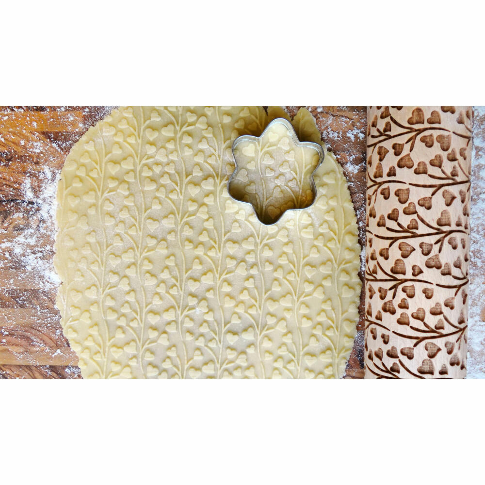 Folkroll Teigrolle Spring Hearts, groß, 43 cm, Nudelholz, Prägerolle, Muster, Motiv, Rolle, Buchenholz, 331422