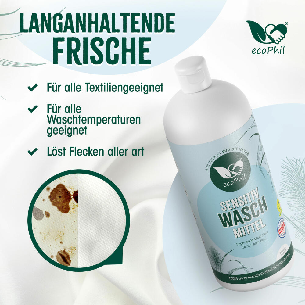 ecoPhil Sensitiv Waschmittel, schonend, Allergikergeeignet, für Weiß- und Buntwäsche, 1 L