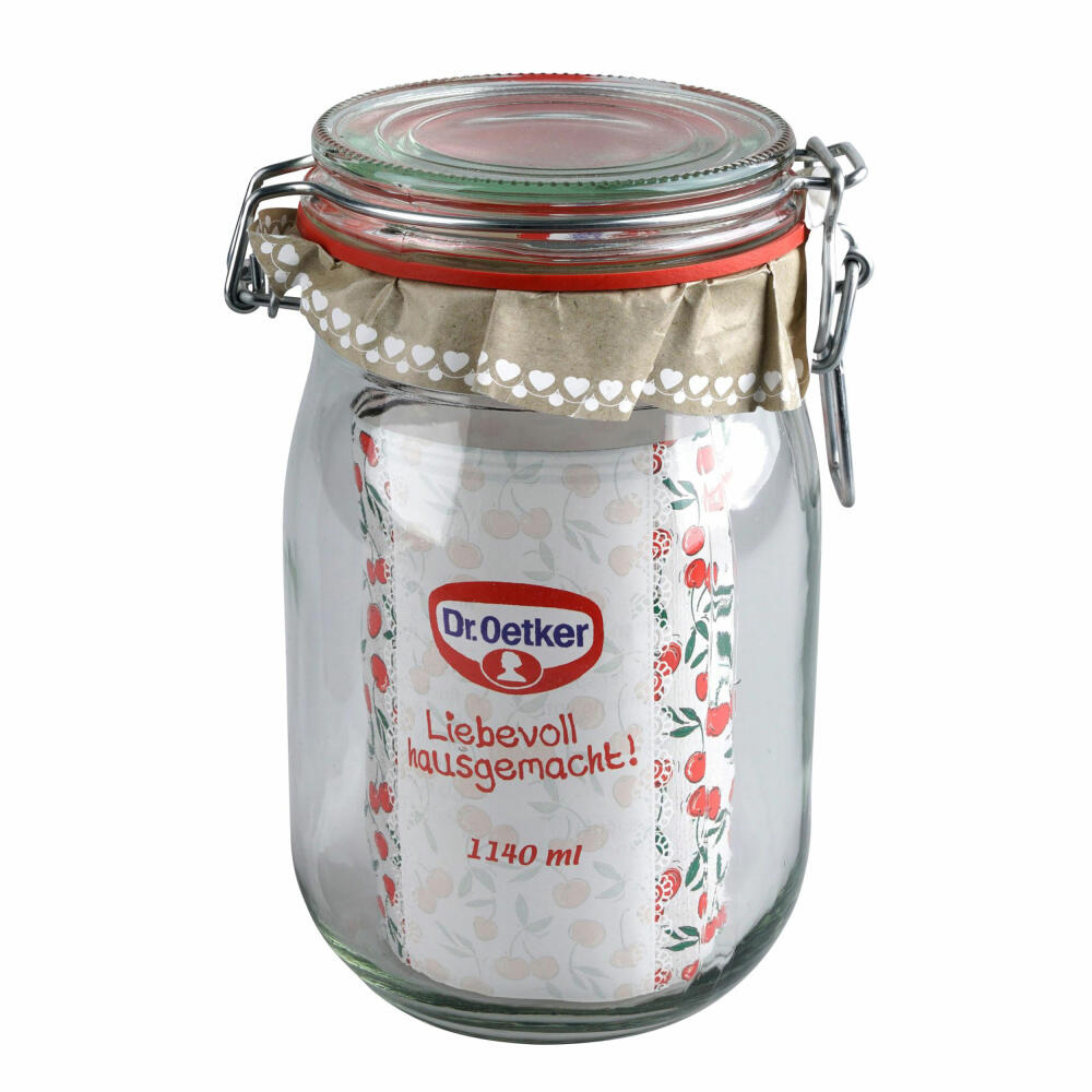 Dr. Oetker Swing Top Jar 1140 ml, Lovingly Homemade, Preserving Jar, Glass, Transparent, Red, 1550