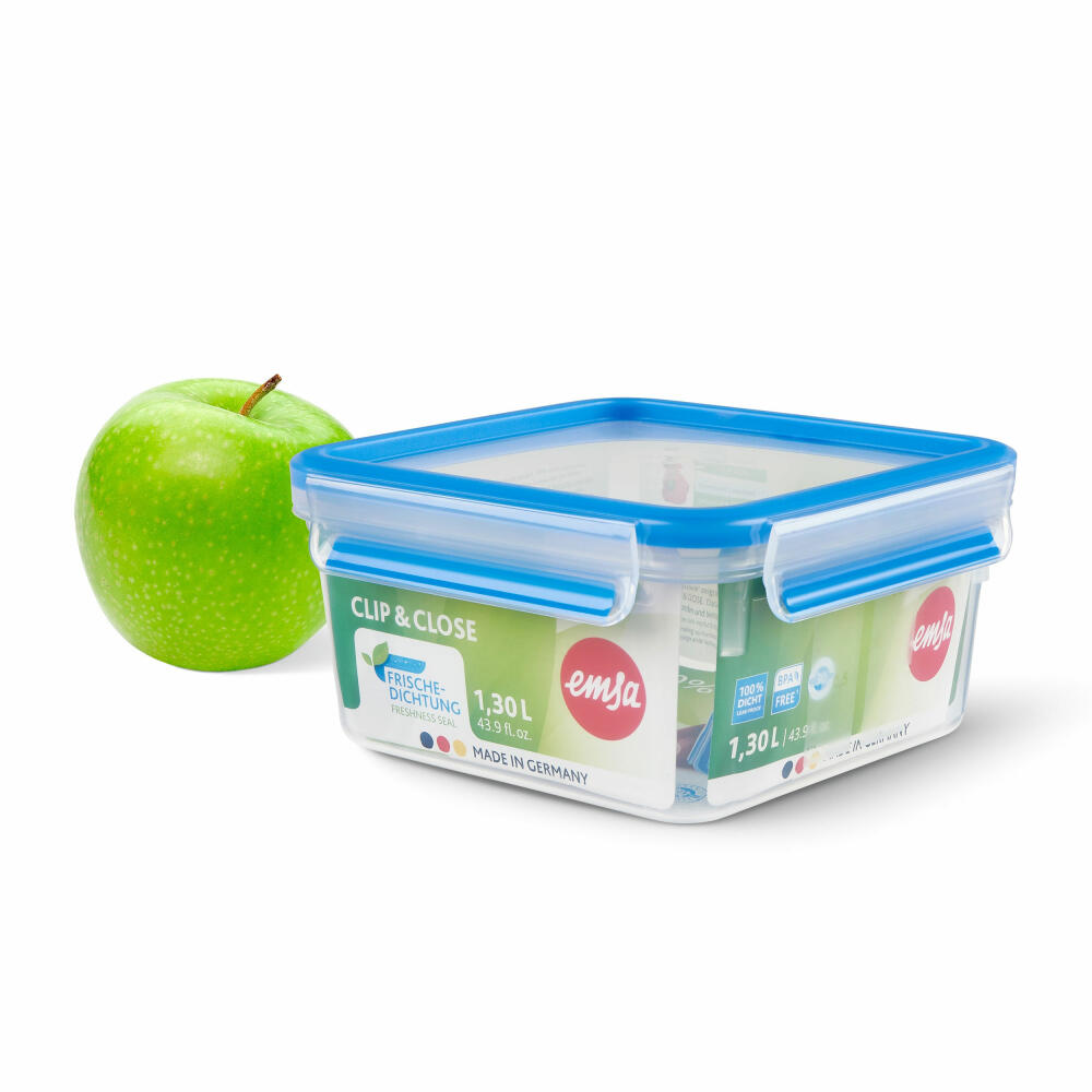 Emsa CLIP & CLOSE food storage container, storage container, can, square, plastic, transparent/blue, 1.3 L, N1011300