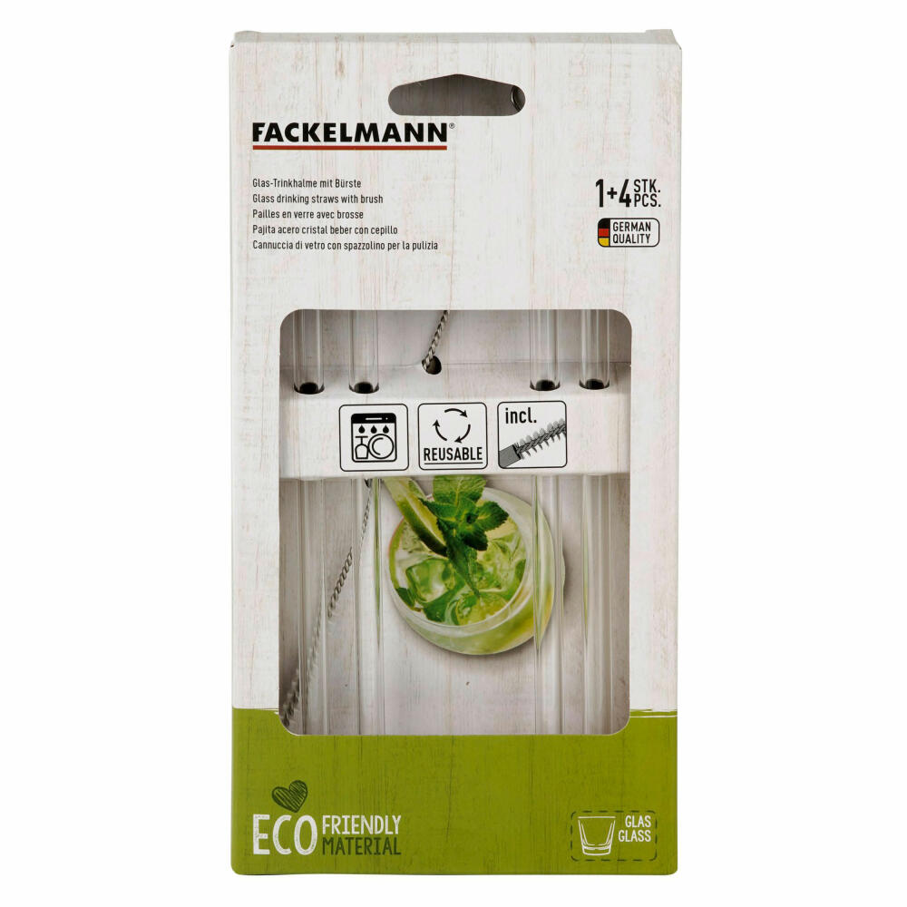 Fackelmann Trinkhalme 4er Set Rio Party, mit Bürste, Glas, Transparent, 22 cm, 54845