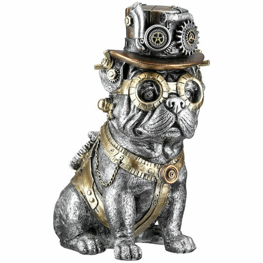 Casablanca by Gilde Poly Mops Steampunk, Dekofigur, Dekoration, Skulptur, Kunstharz, Silberfarben, H 26 cm, 58720