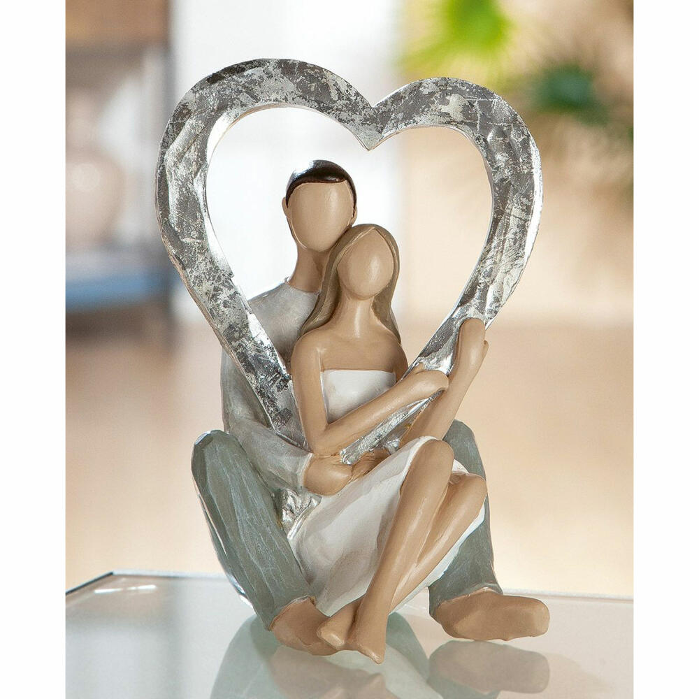 Gilde Figur Paar Herzmotiv, Dekofigur, Dekoration, Dekoobjekt, Kunstharz, Silberfarben, H 15 cm, 36810