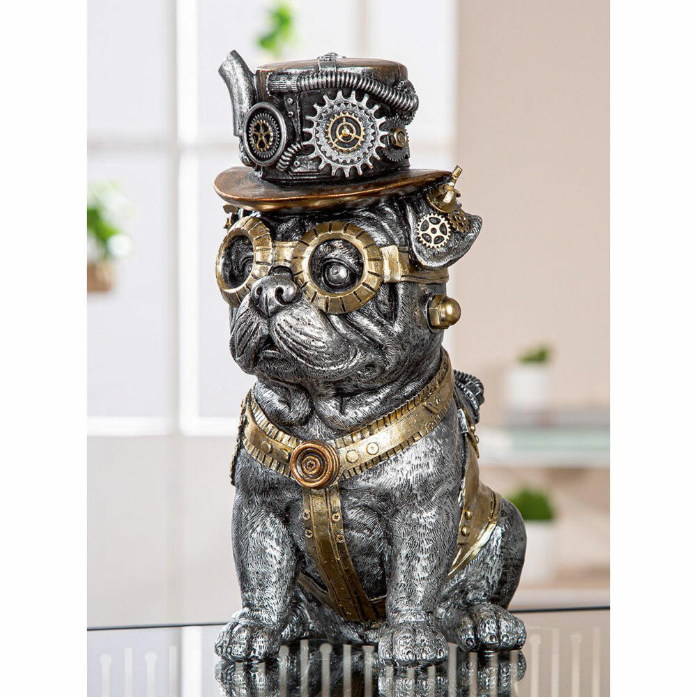 Casablanca by Gilde Poly Mops Steampunk, Dekofigur, Dekoration, Skulptur, Kunstharz, Silberfarben, H 26 cm, 58720