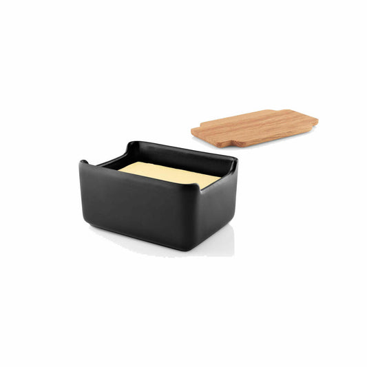 Eva Solo Butterdose Nordic Kitchen mit Holzdeckel, Butterschale, Aufbewahrungsdose, Steinzeug, Eichenholz, Schwarz, 14.5 x 9.5 cm, 502769