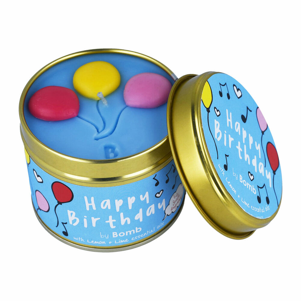 Bomb Cosmetics scented candle Scent Stories in can Happy Birthday, can candle, blue, PHAPBIR04
