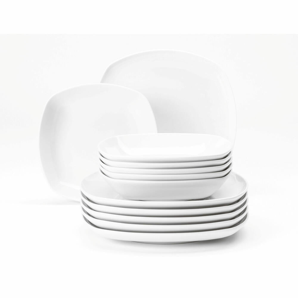 Seltmann Weiden Lido Tafelservice, 12-tlg., Eckig, Tafel Service, Geschirrset, Geschirr, Essservice, Porzellan, Weiß, 001.765190