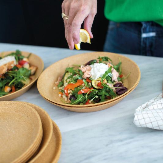 Koziol Deep Plate Set of 4 Connect Plate, Soup Plates, Bowls, Plastic-Wood Mix, Nature Coral, 24 cm, 7143704