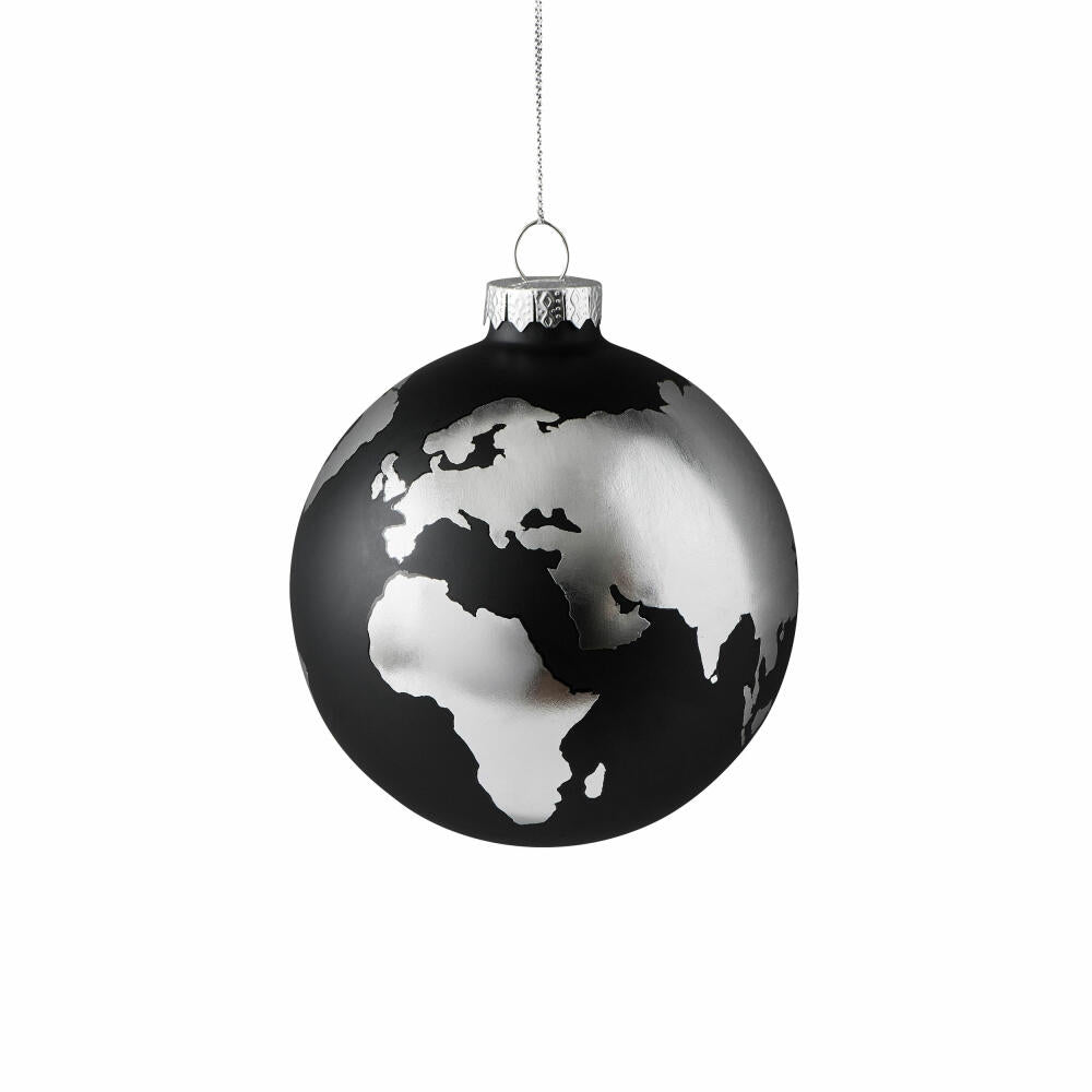 Gift Company Weltkugel, Weihnachtskugel, Christbaumkugel, Baumschmuck, Glas, Schwarz / Silber, Ø 10 cm, 1042201068