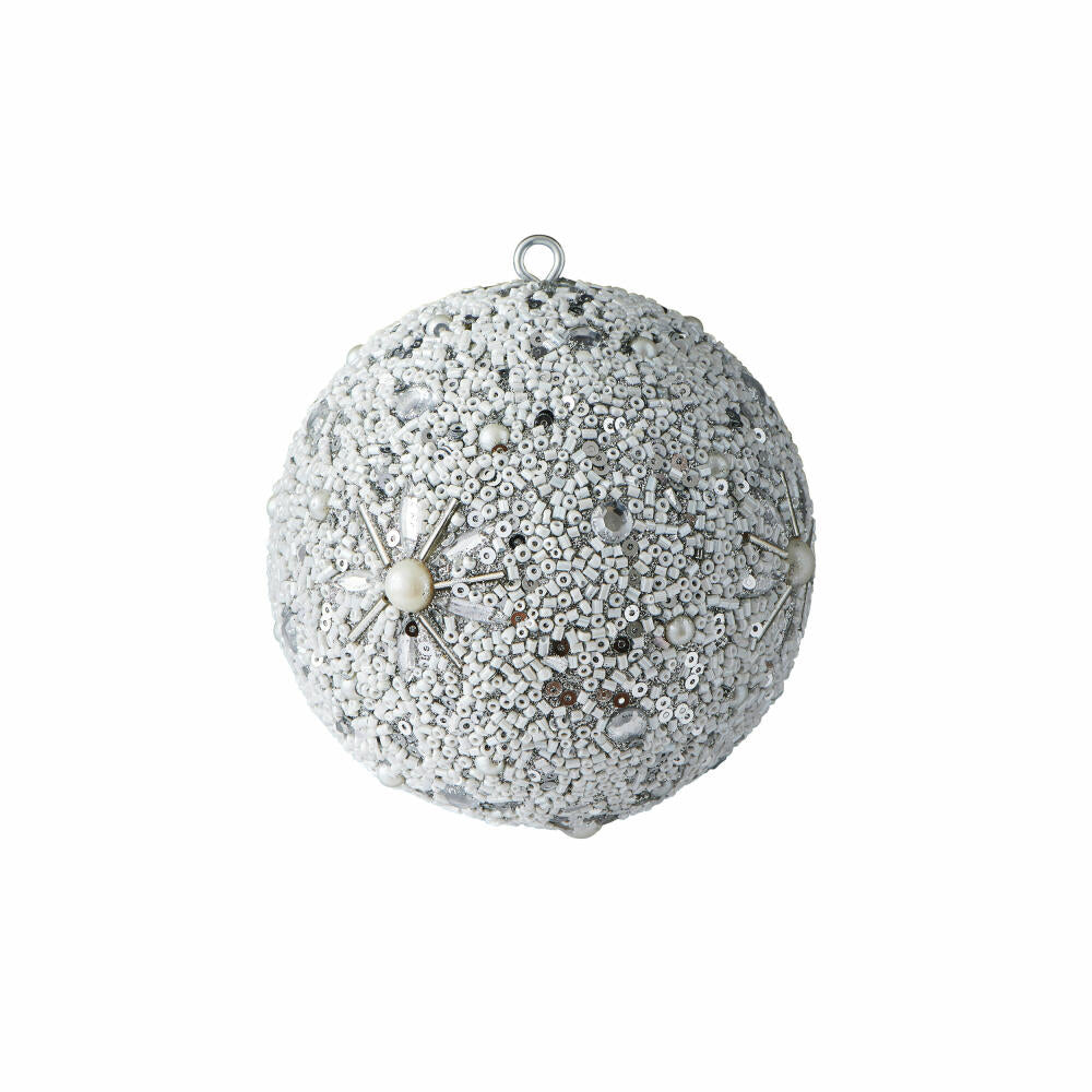 Gift Company Opium Christmas ball, floral pattern, pearls, glitter, stones, Christmas tree ball, tree decoration, plastic / glass, white / silver, Ø 10 cm, 1027101001