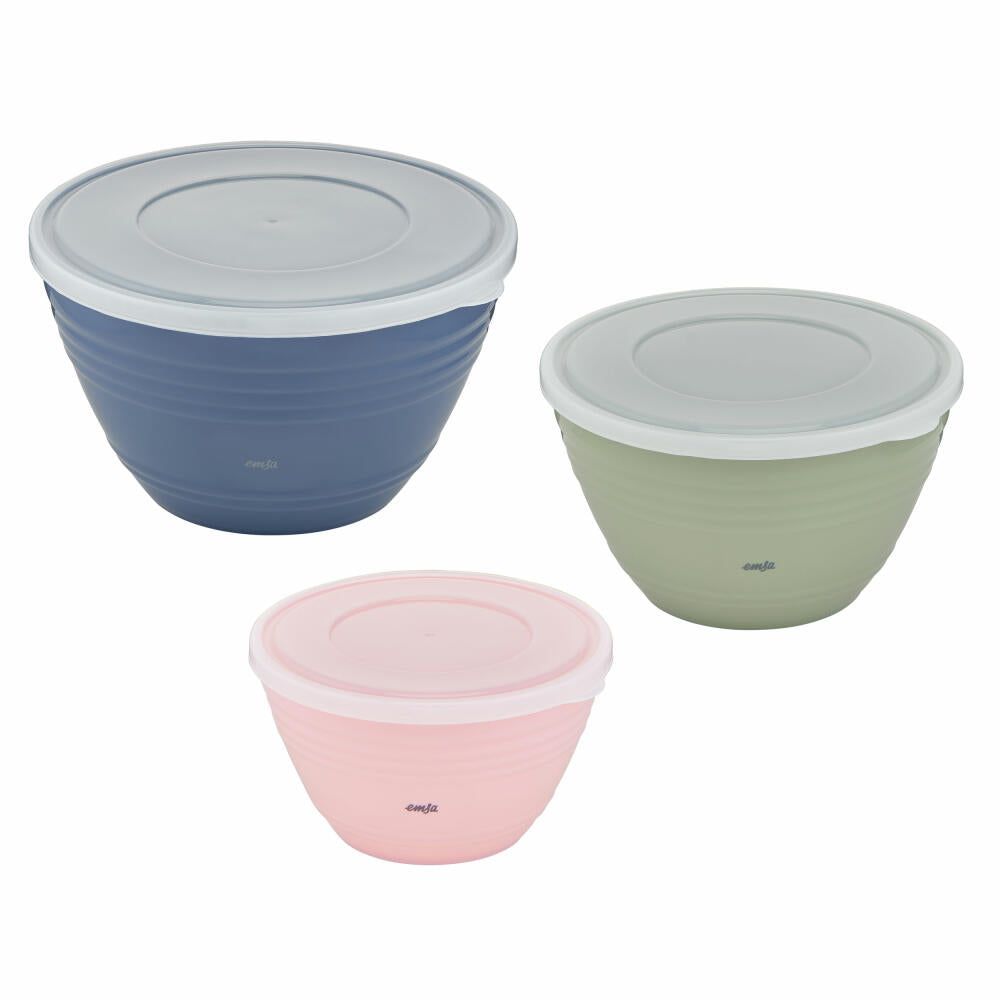 Emsa Rührschüssel-Set Prep & Bake 3-tlg. mit Deckeln, Kunststoff, Silikon, Rosa, Grün, Blau, 1.7 + 2.75 + 4.15 L, K325S3