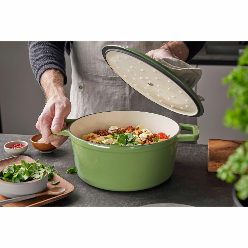 Berndes b.iron Bräter Kochtopf Rund, Schmortopf, Topf, Induktionsgeeignet, Gusseisen, Grün, Ø 26 cm, 034257